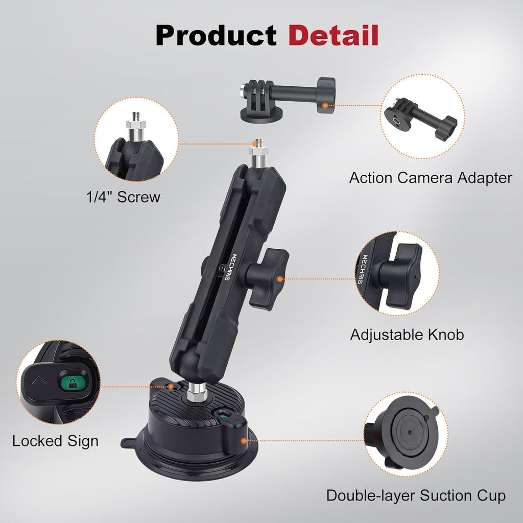 Camera Suction Cup Mount with Ball Head Magic Arm, Universal 360°Vacuum Suction Cup Mount for Action Cameras/GoPr0 Hero 13/DJI Osmo X4/Phone Holder on Car Windshield,Dashboard-Video Shooting,JC028