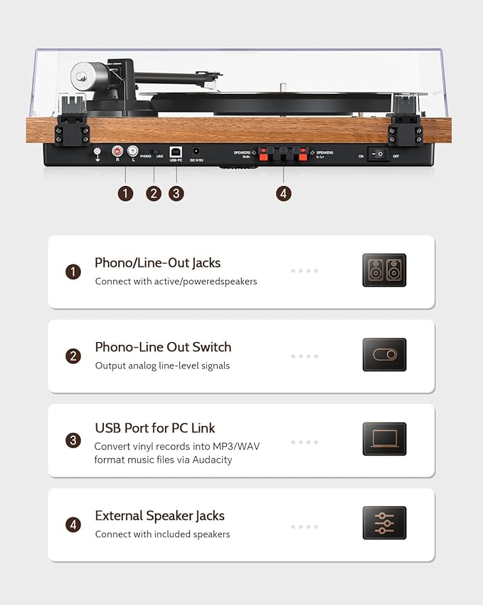 1 by ONE Bluetooth Turntable HiFi System with 36 Watt Bookshelf Speakers, Patend Designed Vinyl Record Player with Magnetic Cartridge, Bluetooth Playback and Auto Off
