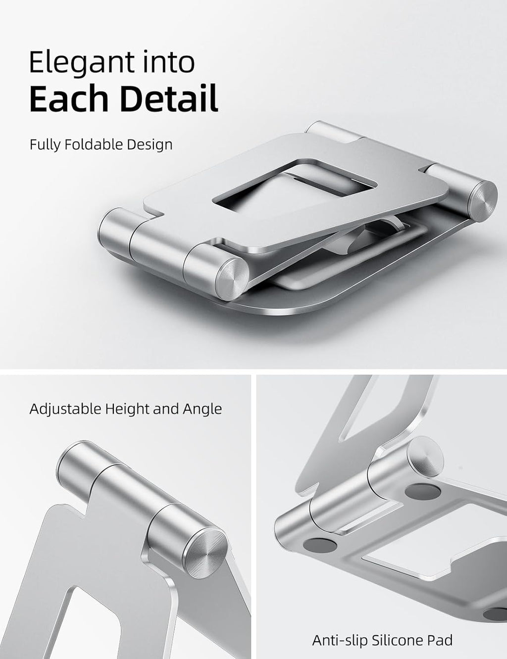 Nulaxy Aluminum Dual Foldable iPad Stand, Fully Adjustable Desktop Tablet Holder, Tablet Accessories for Office Kindle Compatible with Mobile Devices iPad Pro/Air/Mini, iPhone Pro/Max/Plus, Silver