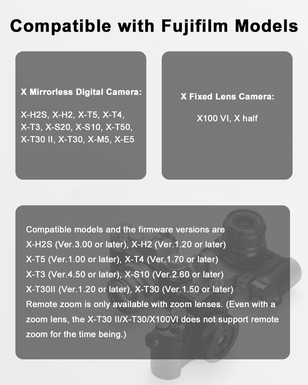 for Fujifilm Rechargeable Wireless Remote Control - Camera Remote Shutter Release with Zoom Focus Compatible with Fujifilm X100 VI/X-M5/X-T5/X-T50/X half/X-S20/X-H2S/X-H2/X-T4/X-T3/X-T30 II/X-M5