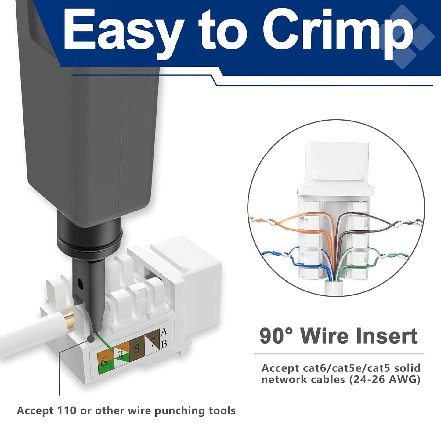 Keystone Jack 25-Pack, RJ45 Cat6 Keystone Jacks, Cat6 Ethernet Jack 90 Degree Punch Down Stand for Patch Panel & Wall Plate, White