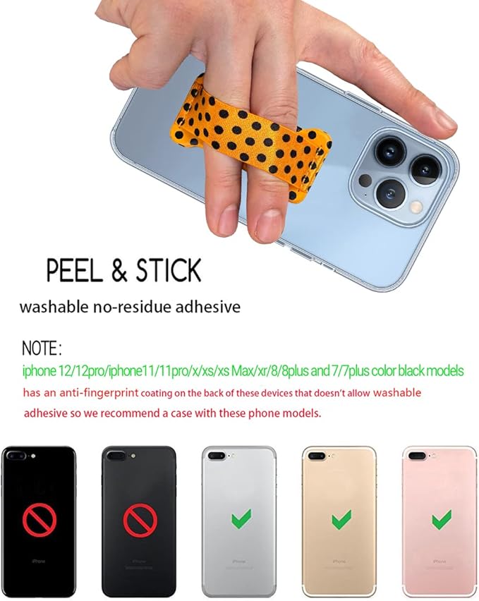 Phone Grip Holder for Hand, Universal Finger Strap Phone Holder, Finger Selfie Grip Compatible with Most Smartphones (Black Polka Dots) -2Pack