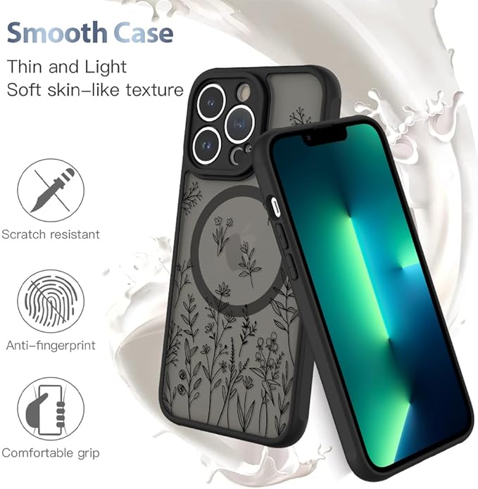 AIGOMARA Magnetic Case for iPhone 13 Pro [Compatible with MagSafe] Cute Black Flower Floral for Women Girls Soft TPU Bumper Hard PC Back Anti-Fall Shockproof Protective Slim Cover