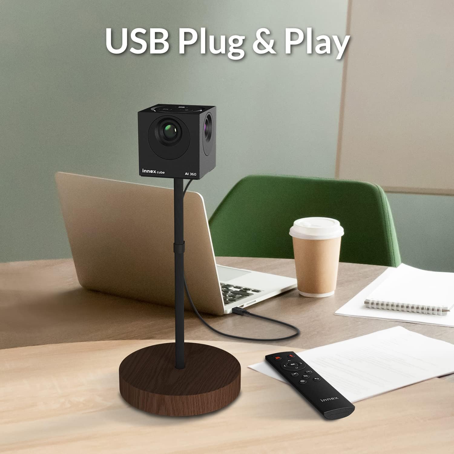 Innex Cube 4K 360 Degree Video Conference Camera with Multiple AI Modes, Dual Omnidirectional Mics, Remote, Plug and Play Conference Room Webcam for Zoom, Microsoft Teams, Open Space, Meeting Room