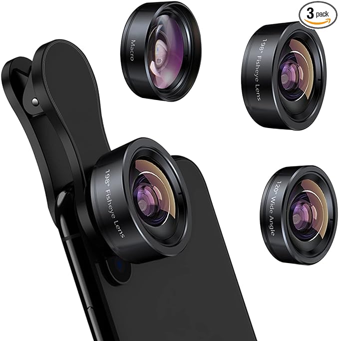 KEYWING Phone Camera Lens 3 in 1 Phone Lens Kit, 198 Fisheye Lens + 120 Super Wide-Angle Lens + 20x Macro Lens for iPhone Samsung Android Smartphone Black 3in1