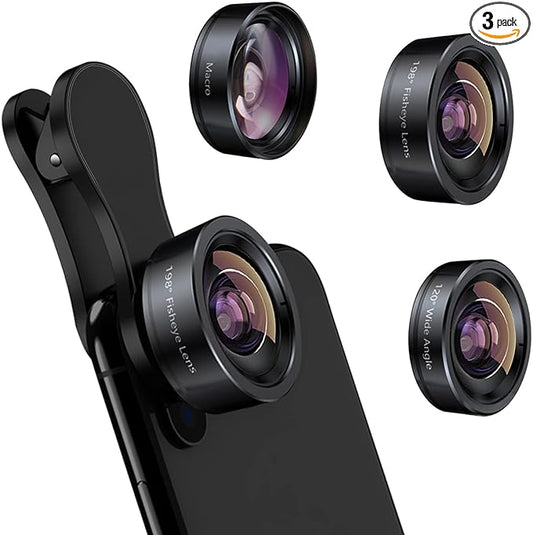 KEYWING Phone Camera Lens 3 in 1 Phone Lens Kit, 198 Fisheye Lens + 120 Super Wide-Angle Lens + 20x Macro Lens for iPhone Samsung Android Smartphone Black 3in1