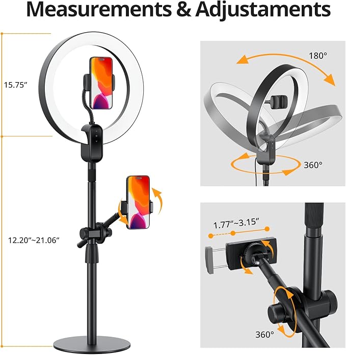 12" Ring Light with Stand and Phone Holder,Overhead Phone Stand,2 Phone Holders,2700-6500K,3 Color Modes,10 Brightness Levels,Remote Control,Adjustable,Live Stream,Tiktok/YouTube