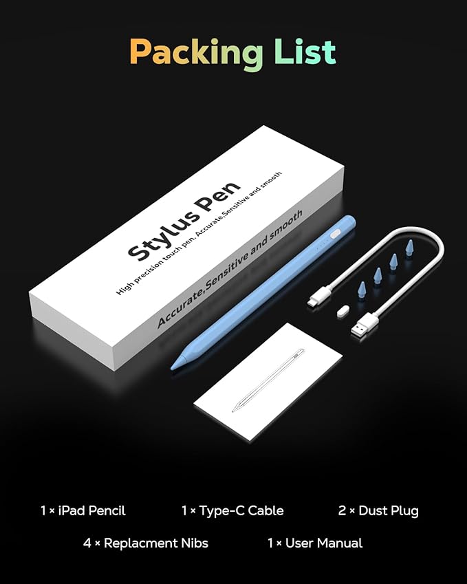 MoKo Pencil for iPad (A16) 11th 10th Gen, Stylus Pen for 2018-2025 Apple iPad 11/10/9/8/7/6/A16, Mini 7/6/5, Air M3/M2 11"/13"/5/4/3, Pro M4 13"/12.9"/11" Tilt Sensitivity, USB-C Fast Charging, Blue