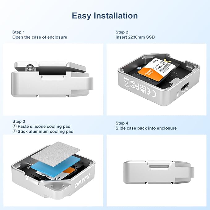 MAIWO USB-C Enclosure for M.2 2230 PCIe NVMe NGFF SATA SSDs, 10Gbps Full Metal Compatible with iPhone 15/16 Pro/Pro Max 4K ProRes Recording, Windows, macOS, Linux