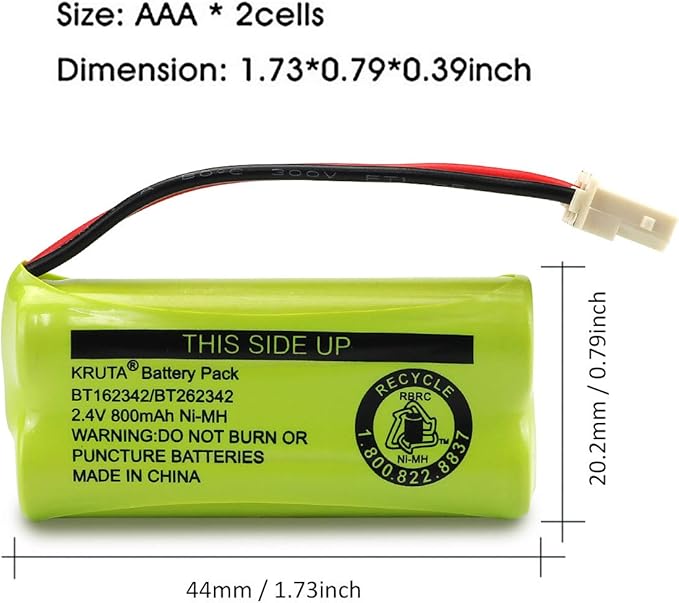 Kruta BT166342 BT266342 Battery 2.4V 800mah Replacement Battery Pack Compatible with for BT183342 BT283342 BT162342 BT262342 VTech CS6114 CS6419 CS6719 at&T EL52300 CL80111 Cordless Phone (Pack 4)