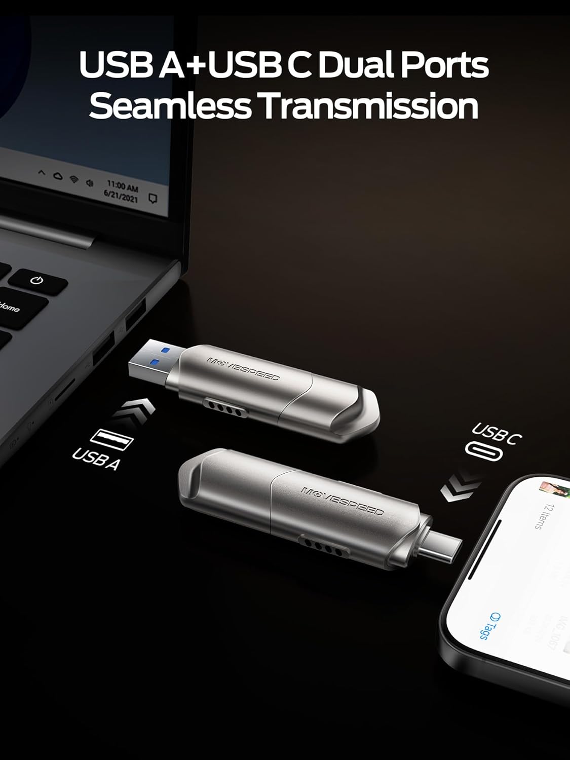 MOVE SPEED USB Drive 2TB External SSD 1000MB/s USB 3.2 Gen2+USB C Dual Ports Portable Zinc Alloy Thumb Drive Stick, External Drive with Metal Casing for iPhone 15/16/17 Series/Mac/Android Phone