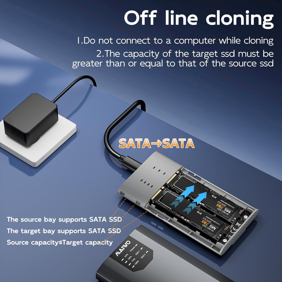 MAIWO Dual Bay M.2 SATA SSD Enclosure Cloner, USB3.1 Gen2 Type C 6Gbps B-Key/B+M Key Solid State Drive Reader for SSD Size 2230/2242/2260/2280