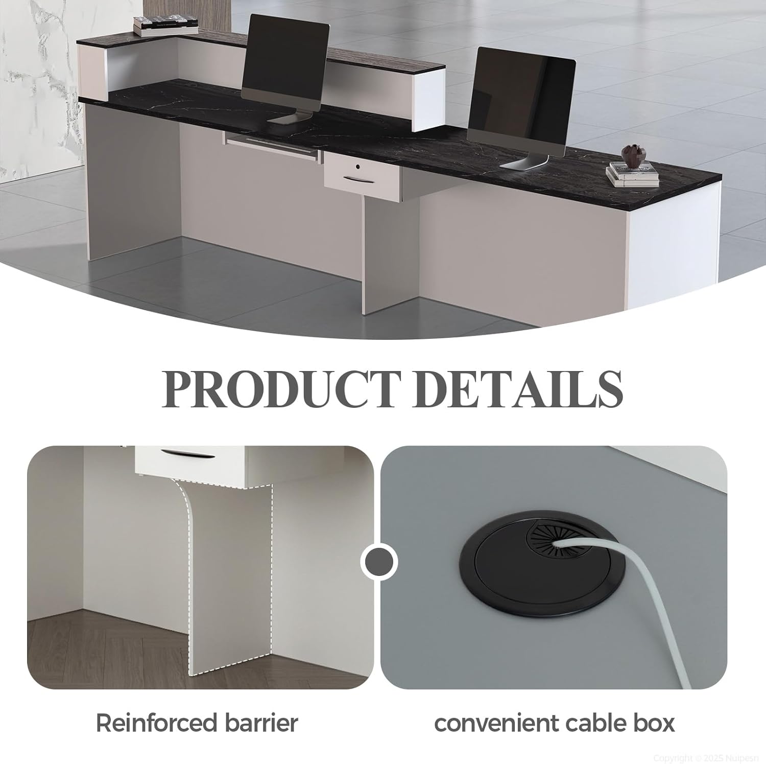 Reception Desk with Counter, Modern Front Desk Reception Counter with Keyboard Tray, Lockable Drawer and Storage Shelves for Office, Retail, Salon (White+Black/Left, 71" L*24" W*39" H)