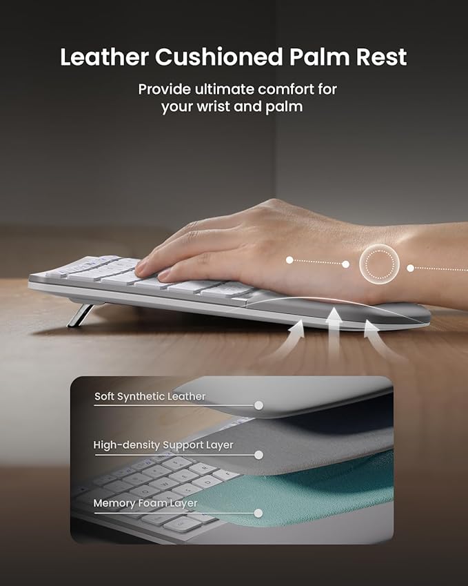 ProtoArc Ergonomic Wireless Keyboard Mouse, EKM01 Plus Full Size Ergo Bluetooth Keyboard Mouse Combo, Split Design, Wrist Rest, Multi-Device, Rechargeable, for Windows/Mac OS - White and Silver