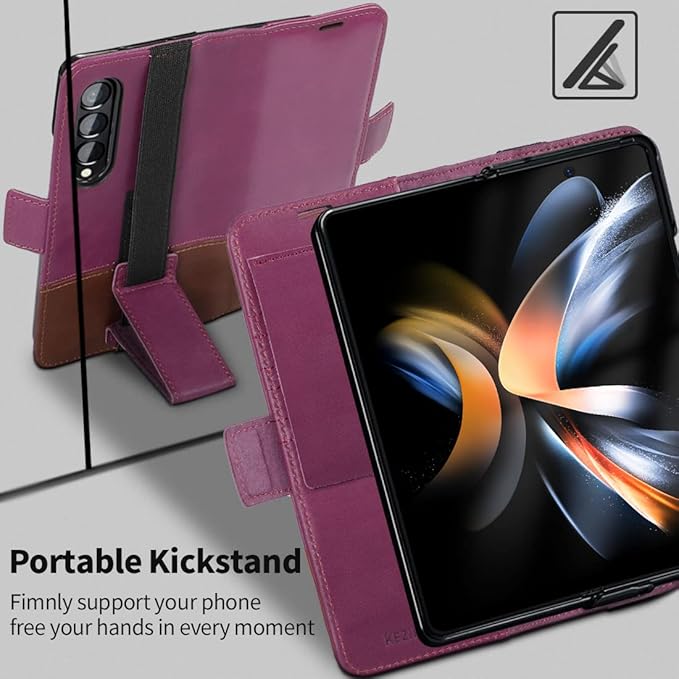 KEZiHOME for Samsung Galaxy Z Fold 4 Case, Genuine Leather Wallet Case [RFID Blocking] with Card Holder Flip Kickstand Magnetic Cover Compatible with Samsung Z Fold 4 5G (Purple/Brown)