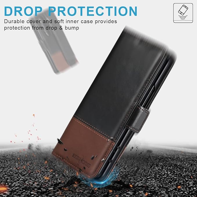 KEZiHOME for Samsung Galaxy Z Fold 4, Genuine Leather Wallet Case [RFID Blocking] with Card Holder Flip Folio Kickstand Magnetic Case Compatible with Samsung Z Fold 4 5G(Black/Brown)