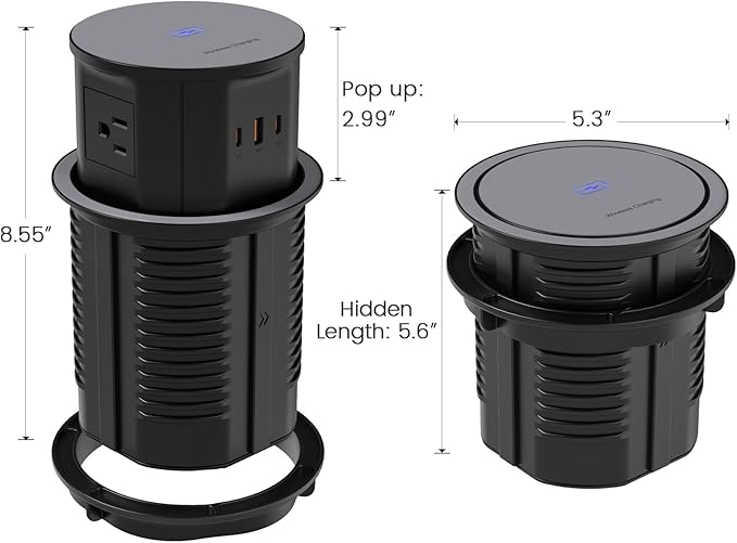 Pop up Outlet for Countertop with 15W Wireless Charger,65W USB C Charging Station,4 Outlets,2 USB C,USB A,Tamper Resistant Receptacle,4.7'' Hole Power Grommet,Office Power Supply,Black