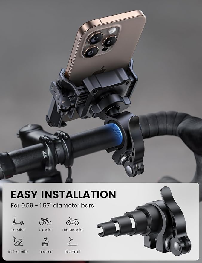 Lamicall Motorcycle Bike Phone Mount - [No Block Camera] [1s Lock] Bike Cell Phone Holder Clamp, Bicycle Scooter Handlebar Clip, for iPhone 16 15 14 Pro Max, Galaxy S25 S24 Ultra, 4.7-7" Phones