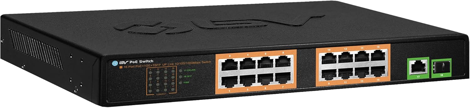 BV-Tech 18 Ports Long Range PoE+ Switch (16 PoE+ Ports | 1 Gigabit Ethernet uplink with 1 SFP Uplink) - 19" Rackmount - 120W - 802.3af/at -Desktop Design for Easy Set Up (16 Gigabit PoE+ Ports | 120W)