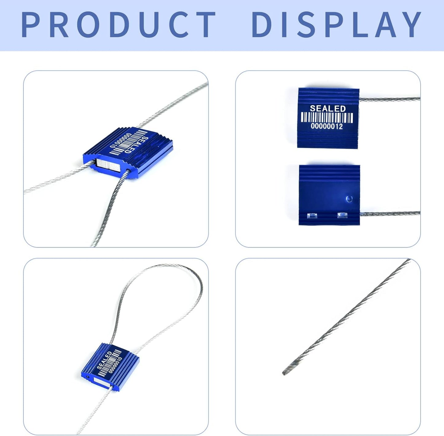 100 Blue Steel Cable Seals with Barcode - High Security Numbered Truck Seals - Anti-Tamper Pull Tite Self-Locking Safety Ties - ISO 17712