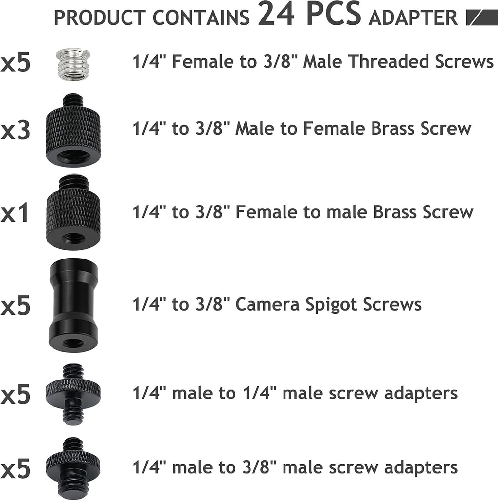 24 Pcs Camera Screw Adapter Set - 1/4 to 3/8 Tripod Mount Converter for Camera, Monopod, Ballhead, Flash Light Stand