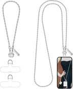 Metal Phone Chain, Crossbody Detachable Phone Lanyard with 1*Wrist Strap & 2* Tether Tabs for iPhone and Smartphones (Pale Silver,Extend)