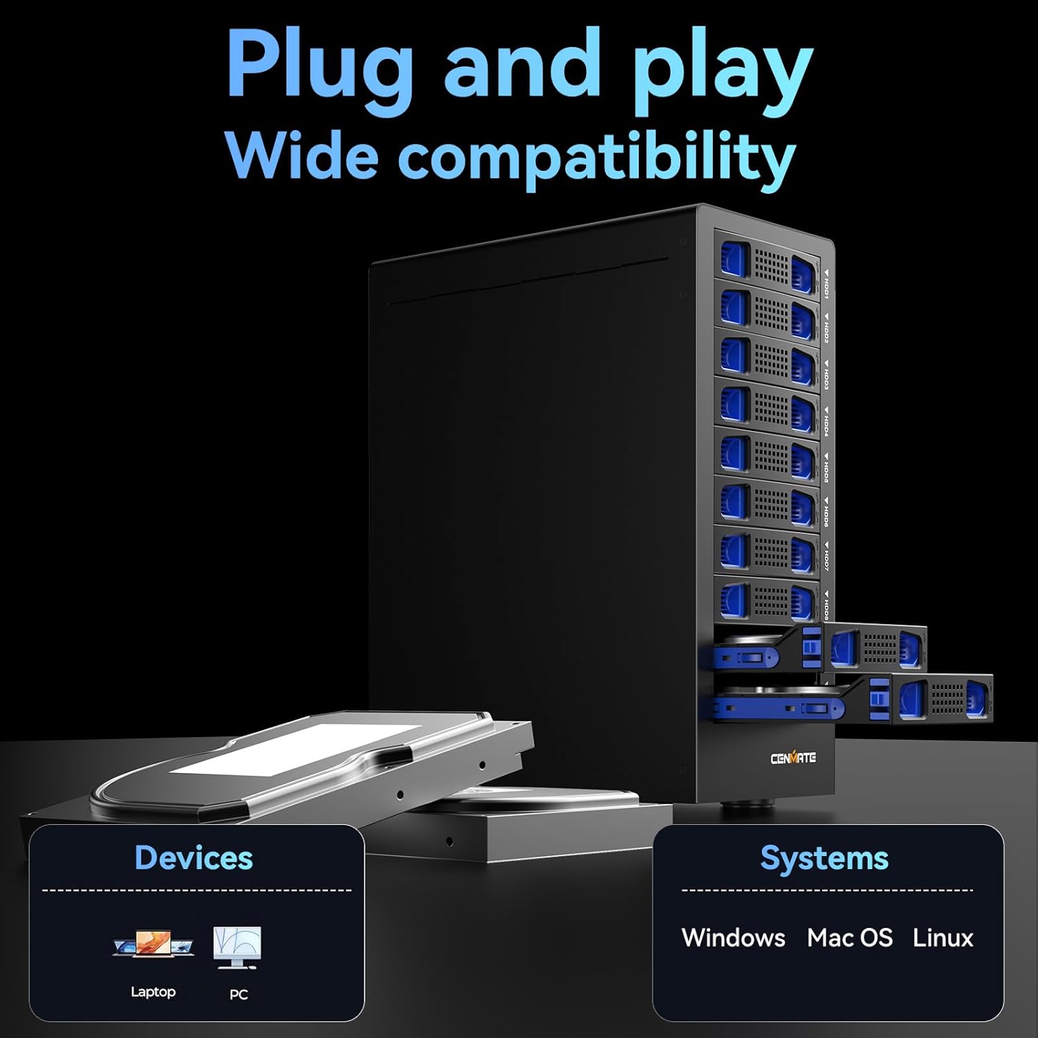 10 Bay Hard Drive Enclosure with Cooling Fan for 2.5/3.5" SATA HDD/SSD with USB A/C 3.0 Cable, 3.5 Hard Drive Enclosure Supports 200TB Capacity, Tool-Free HDD Enclosure, DAS(NO RAID/NAS)