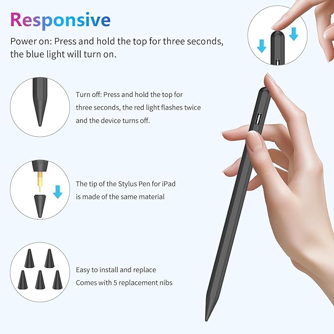 Stylus Pen for iPad 10th 9th 8th 7th 6th Generation, 15Mins Fast Charge for Apple iPad Pencil with Pencil Holder, for iPad Pro 11/12.9 inch, for iPad Air 5th/4th/3th Gen, for iPad mini 6th/5th Gen