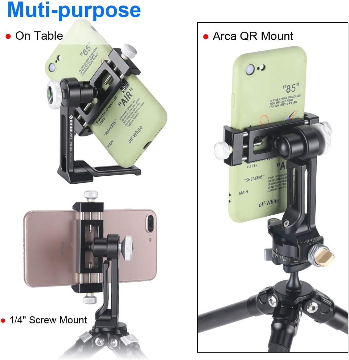 Metal Phone Tripod Mount Adapter, Arca Dovetail and 1/4" Screw Mount,Adjustable Vertical and Horizontal Dock for Samsung Galaxy, iPhone, and Other Smartphones Holder