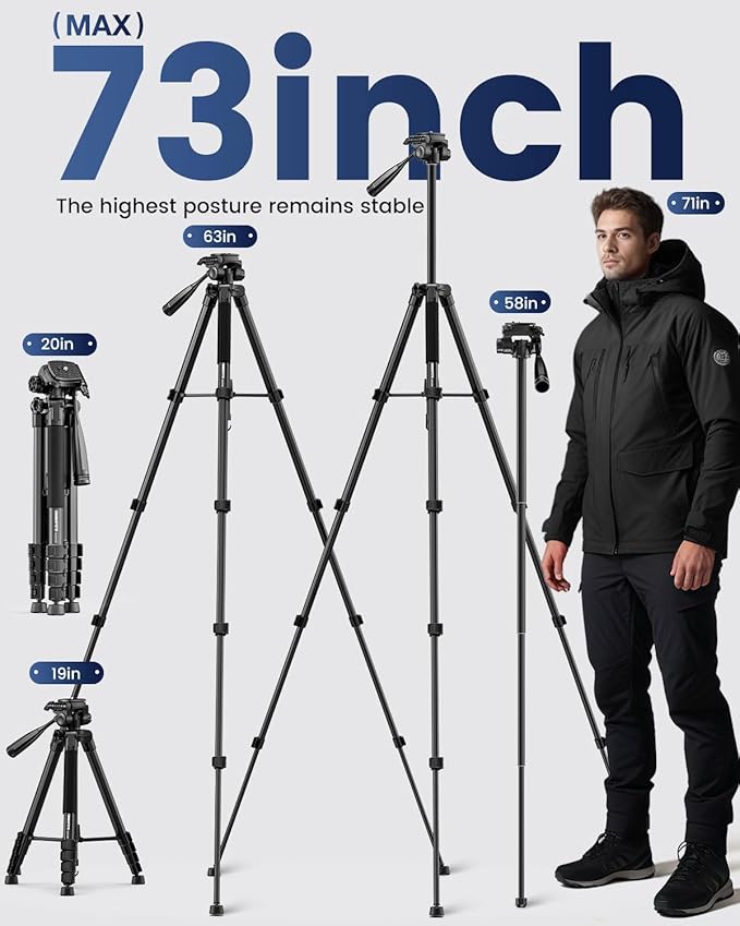 73" Camera Tripod and Monopod, Professional Aluminum Tripod Stand for Mirrorless Camera/DSLR/Cell Phone/Camcorder/GoPro, with Phone Holder and Travel Bag (Black)