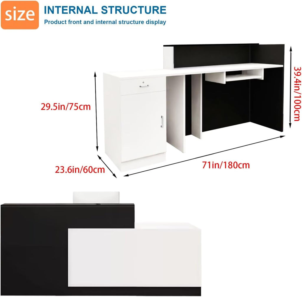 Reception Desk with Counter Modern Checkout Counter with Lockable Drawer Keyboard Tray Receptionist Desk for Office Salon Reception Table U Right 71inch/180cm