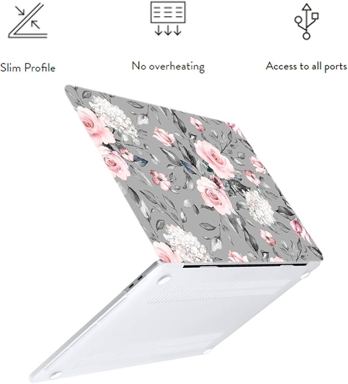 LanBaiLan Compatible for MacBook Pro 13 inch with Touch Bar 2022 2021 2020 2019 2018 2017 2016 Release M1 M2 A2338 A2289 A2251 A2159 A1989 A1706 A1708 Protective Case & Keyboard Cover, Grey Flowers