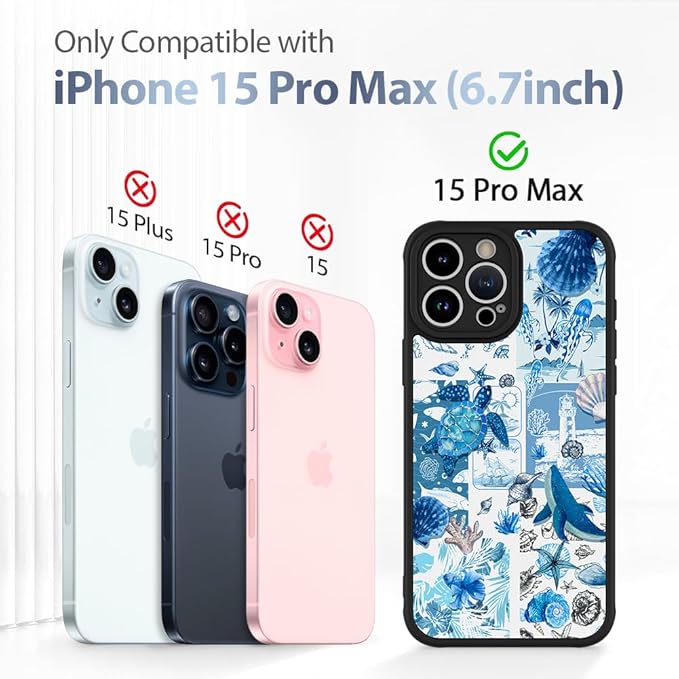 AIGOMARA Case for iPhone 15 Pro Max [Compatible with MagSafe] Blue Turtle Shell Ocean Collage Pattern Design for Women Girls Men Soft TPU Bumper Hack PC Back Shockproof Protective Slim Magnetic Cover