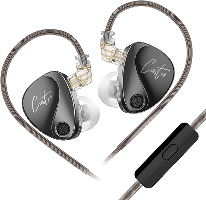 KZ Castor in Ear Monitors Headphones Bass Wired Earphones 2 Dynamic High-end Tunable Balanced Armature Headphones IEM Earphones HiFi Super Bass Earbuds for Singer Musicians Drummer(Black, with Mic)
