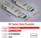 MOSDART 64GB USB3.1 Fast Speed C and A Dual Flash Drive, exFAT Memory Stick with Keychain Loop, for iPhone 15 and 16, Android Phone, iPad, MacBook, Silver(Pack of 2)