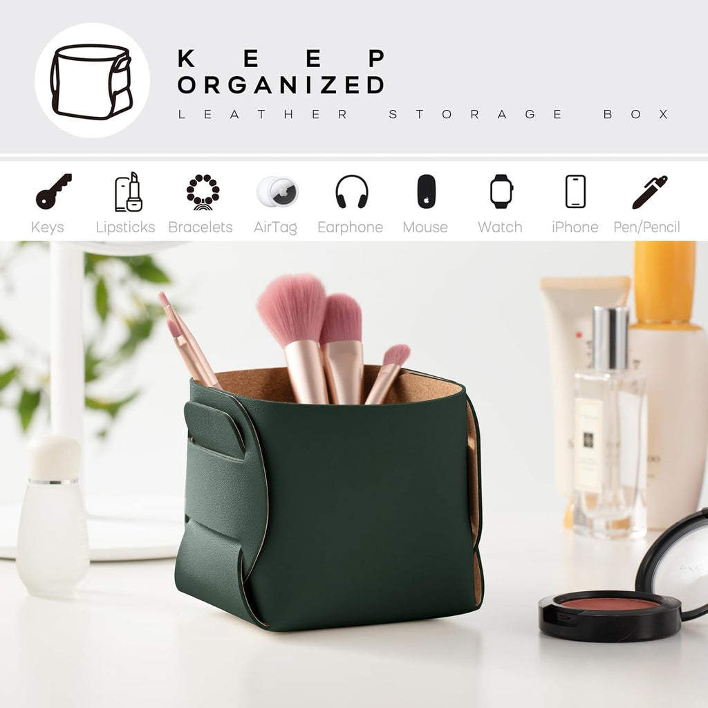 HOMIEAZICOZI 2-Pack Cork Leather Desk Accessories Storage - Pencil Pen Holder - Makeup Brush Holder Organizer - Stylish Addition to Home Decor (Dark Green)