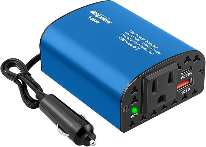 150W Car Power Inverter DC 12V to 110V AC Car Plug Outlet Adapter with PD 25W USB C & QC3.0 Car Laptop Charger-Blue
