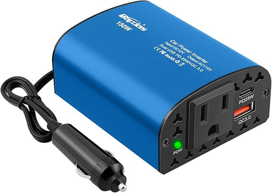 150W Car Power Inverter DC 12V to 110V AC Car Plug Outlet Adapter with PD 25W USB C & QC3.0 Car Laptop Charger-Blue