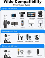 Gooseneck Clamp Camera Mount with 1/4“ 3/8" 5/8" Screw, Go Pro Mounts for Handlebar, Desk, Tube, Cross Bar, Compatible with GoPro Hero 13/Baby Monitor/Logitech Webcam/Insta 360/Field Monitor