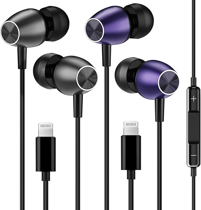 Keyron Lightning Headphones for iPhone [MFi Certified],Wired Earbuds with Built-in Microphone & Volume Control, Earphone Compatible with iPhone 14/13/12/11/XR/XS/X/8/7/SE/Pro/Pro Max, Black/Purple,2Pc