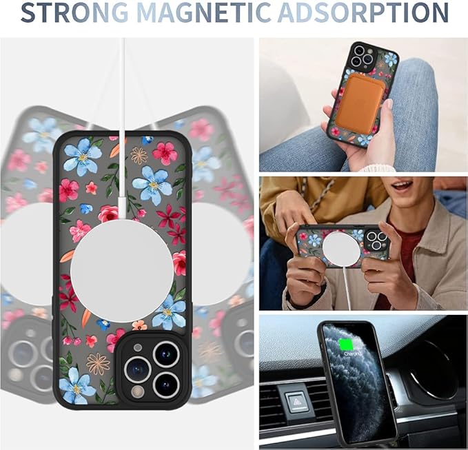 AIGOMARA Magnetic Case for iPhone 11 Pro Max [Compatible with MagSafe] Cute Pink Blue Flower Floral Pattern Soft TPU Bumper Hard PC Back Anti-Fall Shockproof Protective Slim Cover for Women Girls