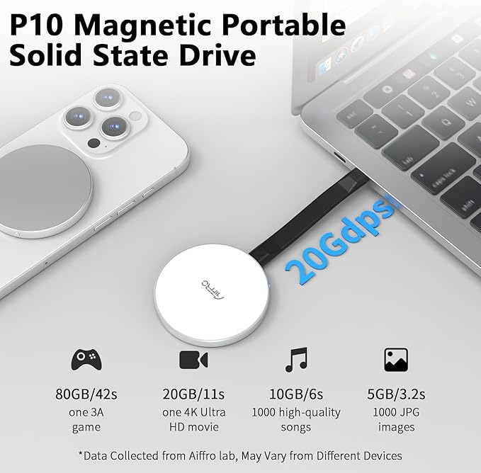 P10 Magnetic PSSD 2TB，for iPhone MagSafe Portable SSD, Upto 2000MB/s-Type-C, SM2320，USB 3.2 Gen 2x2 20Gbps, Connectivity, Updated Firmware - Portable Magnetic External Solid State Solution