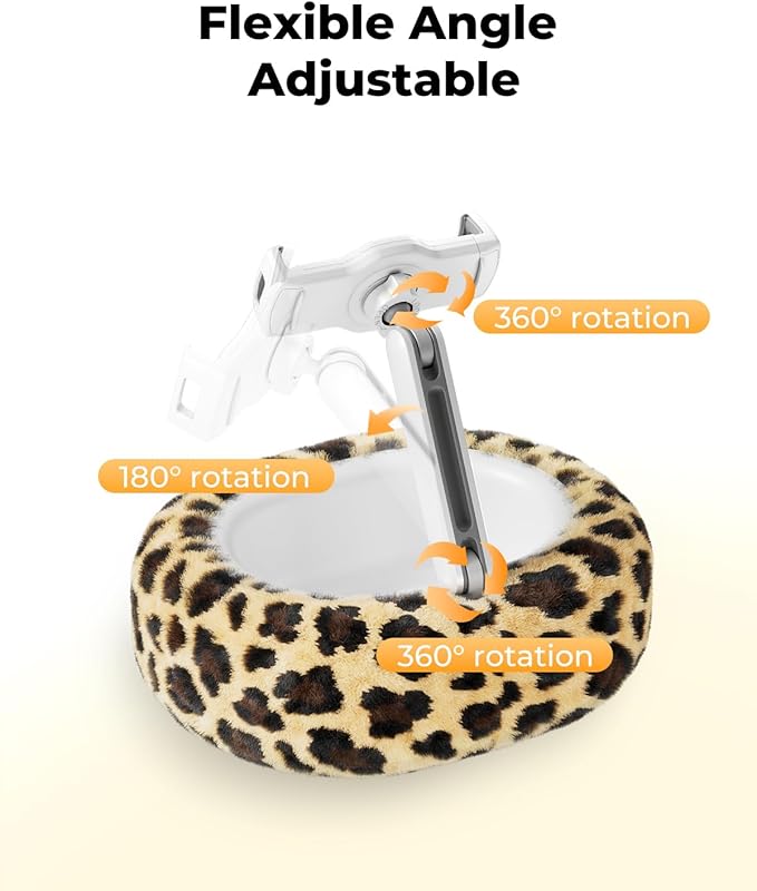 Kindle Pillow Stand with Leopard Print – Soft Tablet Holder with Snack Bowl & Cup Holder, Fuzzy Hands-Free Stand for Bed, Couch, Compatible with Kindle, iPad, Phones (Leopard)