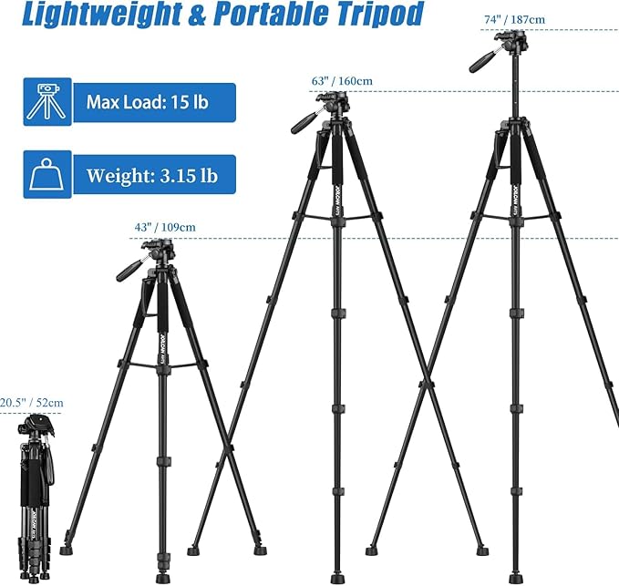 JOILCAN Tripod Camera Tripods, 74" Tripod for Camera Phone Video Recording, Heavy Duty Cameras Tripod Stand, Professional Travel DSLR Tripods Compatible with Canon iPhone, Max Load 15 LB