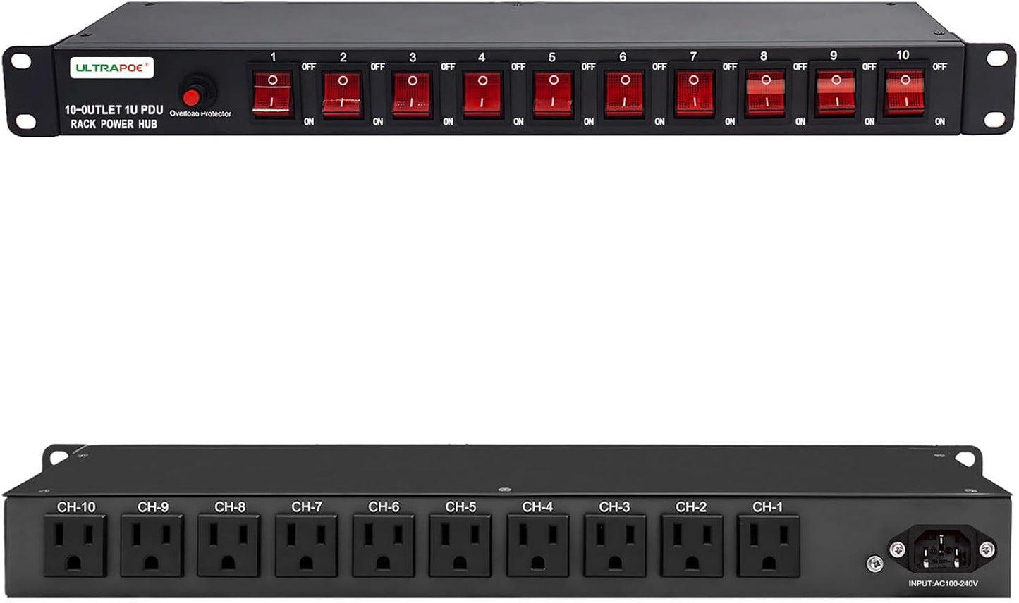 10-Outlet 1U Horizontal PDU Rack Mount Power Strip - Surge Protector,100-240V/15A/1800 Joules,for Network Servers,Power Conditioner with 10 Individual Switches and 6 ft Power Cord