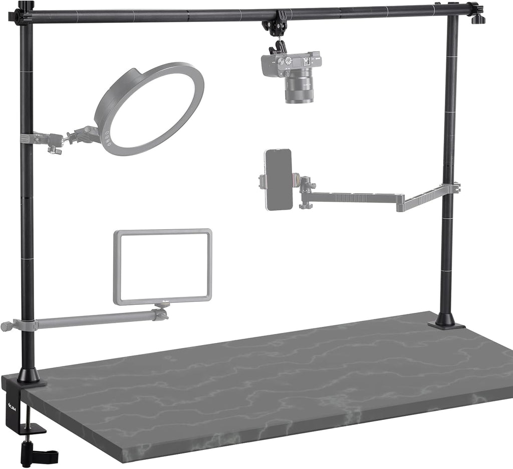 JUSMO LS15 Desk Overhead Camera Mount Rig Top-Down Shots, Professional Aluminum Tabletop Multi-Device Mount Platform for Product Photography/Video Making/Picture Taking/Live Stream and More