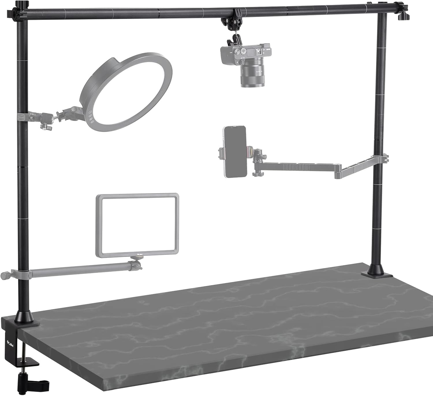 JUSMO LS15 Desk Overhead Camera Mount Rig Top-Down Shots, Professional Aluminum Tabletop Multi-Device Mount Platform for Product Photography/Video Making/Picture Taking/Live Stream and More