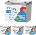 Redodo 4 Pack 12V 100Ah Group 24 LiFePO4 Battery, 1280Wh Deep Cycle with 100A BMS, 4000+ Cycles Lithium Rechargable Battery for All RVs, Van, Camper, Solar Power Storage, Off-Grid