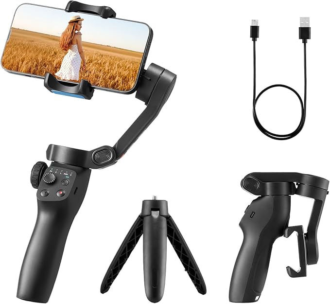 VEVOR Gimbal Stabilizer for Smartphone, 3-Axis Stabilization, Phone Gimbal for Android & iPhone with Face/Object Tracking, Tripod, Portable & Foldable Handheld Phone Stabilizer for Video Recording