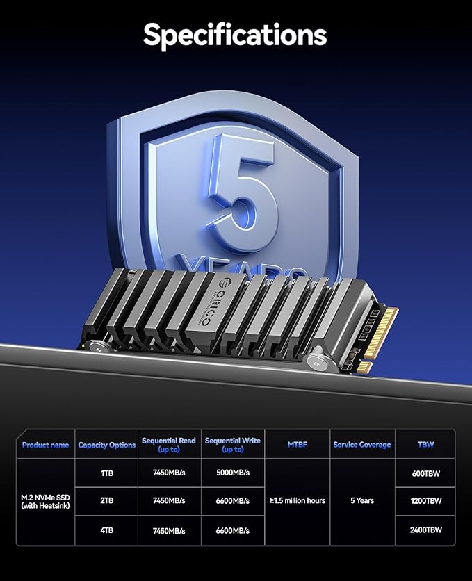ORICO OS5 2TB M.2 SSD for PS5 Storage Expansion, M.2 PCIe 4.0 NVMe Gaming SSD with TLC NAND, 7450MB/s Read, Pre-Installed Heatsink Designed for PS5 Airflow, Ready for Direct Installation